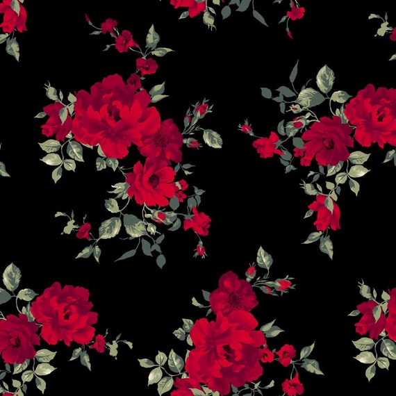 Black Red Large Floral Prints on Velvet Fabric by the Yard - Etsy