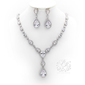 Bruiloft ketting oorbellen set Teardrop Zirkonia hanger achtergrond ketting oorbellen bruiloft sieraden bruidsmeisje ketting bruids sieraden Jess