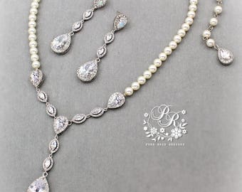 Swarovski Pärl Brudsmycken, Zirkonia Droppformade Halsband Örhängen Pam