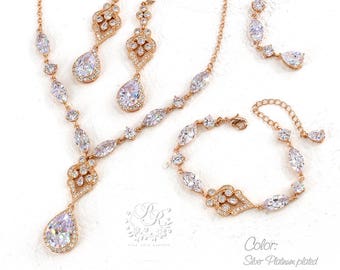 Trouwkettingenset, trouwoorbellen, armband met zirkonia, trouwsieraden, roségouden achtergrondketting, bruidskettingenset, bruidsoorbellen mix