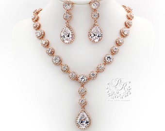 Rose Gold Zirconia Wedding Jewelry Set: Bridal Necklace and Earrings