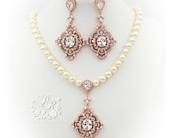 Wedding Necklace Earrings set Swarovski Pearl Rose Gold plated Zirconia Necklace Earrings Wedding Jewelry Bridal Jewelry Accessory Peta