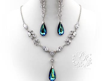 Wedding Necklace Earrings Swarovski Bermuda Blue Bridal necklace Zirconia Rhinestone Necklace Earrings Wedding Jewelry Bridal Jewelry Sasa