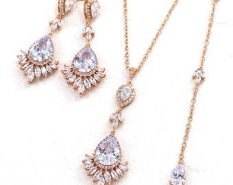 Wedding Necklace Wedding Earrings set Zirconia Rose gold Backdrop Necklace Bridal Earrings Bridal necklace Accessory Bridal Jewelry Ekne