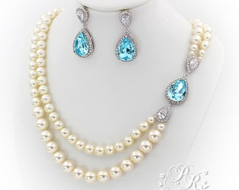 sapphire blue Wedding Necklace Earrings Bridal Earrings Swarovski Pearl light Turquoise Blue crystal Zirconia Jewelry Bridal Necklace