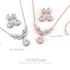 Wedding Necklace set Zirconia Rose gold Necklace Bridal Earrings Bridesmaid earrings Gift Wedding Accessory Bridal Necklace set Sasa Ava