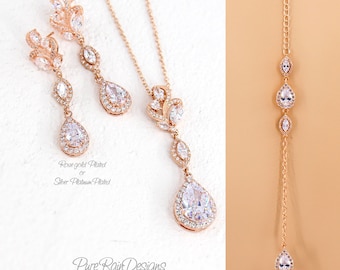 Wedding Necklace Rose gold Earrings Zirconia Bridesmaid Earrings Backdrop Necklace Wedding Jewelry set Bridal Necklace Bridal Earrings Zoe