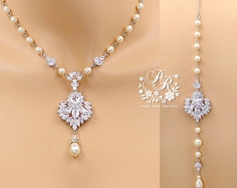 Wedding Necklace Teardrop Swarovski Pearl Zirconia Necklace Wedding Jewelry Bridal Jewelry Bridal Necklace Statement backdrop Necklace Kor