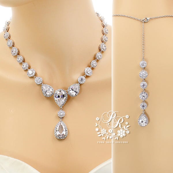 Wedding Necklace Platinum plated Teardrop Zirconia Necklace Backdrop Necklace Wedding Jewelry Statement Necklace Bridal Jewelry Zuma