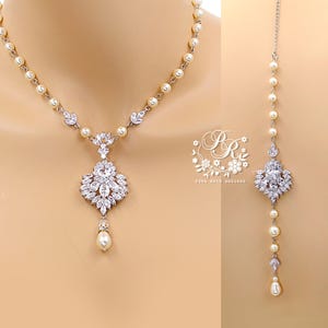 Wedding Necklace Teardrop Swarovski Pearl Zirconia Necklace Wedding Jewelry Bridal Jewelry Bridal Necklace Statement backdrop Necklace Kor