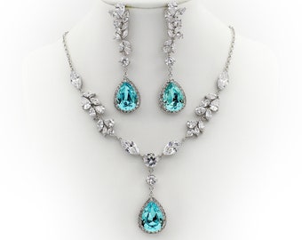 Sapphire blue Wedding Necklace set Zirconia light turquoise Bridal Necklace Wedding Jewelry set Bridesmaid Earrings Backdrop Necklace Sasa