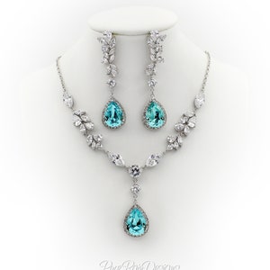 Sapphire blue Wedding Necklace set Zirconia light turquoise Bridal Necklace Wedding Jewelry set Bridesmaid Earrings Backdrop Necklace Sasa