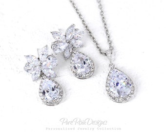 Wedding Platinum Plated Light Sapphire Zirconia Montana Blue Teardrop Necklace Earrings Bracelet Bridal Jewelry Bridesmaid Gift for her Sasa