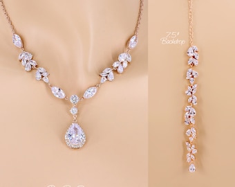 Wedding Necklace Rose gold Bridal necklace Teardrop Zirconia pendant Necklace Wedding backdrop necklace Bridal Jewelry Wedding Jewelry Sasa