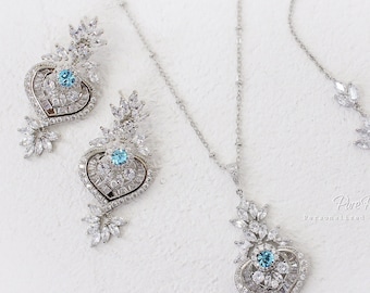 Dainty Bridal necklace earrings Aquamarine Blue Wedding jewelry Rose gold leaf drop earrings Simple necklace and earrings Bride Bridal Jean