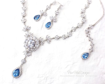 light Sapphire Blue Bridal backdrop Necklace dangle earrings Light sapphire Crystal earrings light blue sapphire earring Bridesmaid gift Riz
