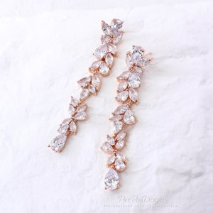 Pendientes de boda Hoja de oro rosa Lágrima Zirconia Pendientes Joyería de boda Pendientes de dama de honor Pendientes nupciales Accesorio de boda Sasa Ava