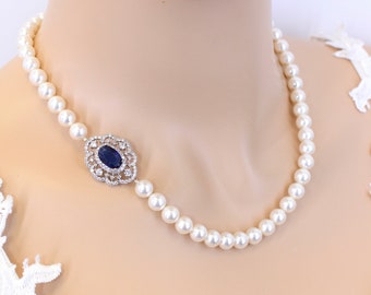 Vintage Style Blue Sapphire Necklace Wedding Swarovski Pearl Zirconia Sapphire Bridal Necklace Navy Crystal Vintage Pearl Necklace Pazu
