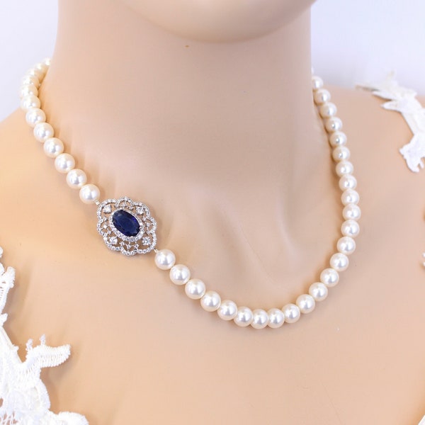 Vintage Style Blue Sapphire Necklace Wedding Swarovski Pearl Zirconia Sapphire Bridal Necklace Navy Crystal Vintage Pearl Necklace Pazu