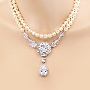 Wedding Necklace Zirconia Swarovski Pearl Bridesmaid Necklace Gift Wedding Jewelry Bridal Jewelry Statement Jewelry Bridal Necklace Riz