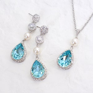 Wedding Necklace Earrings Swarovski Pearl light Turquoise Blue Necklace Earrings set Zirconia Jewelry Wedding Jewelry Bridal Necklace Tvis