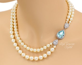 Sapphire Wedding Necklace Swarovski Pearl Zirconia Light Turquoisee Blue Crystal Necklace Wedding Jewelry Bridal Necklace Bridal Jewelry