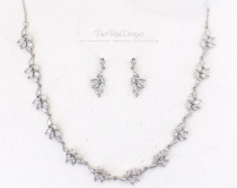 Leaf Necklace and Earrings Set, Zirconia Crystal Bridal Jewelry Leaf
