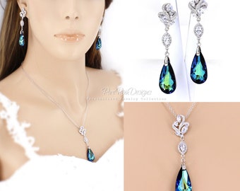 Bermuda Blue Swarovski Crystal Necklace Earrings Wedding Jewelry Zoe
