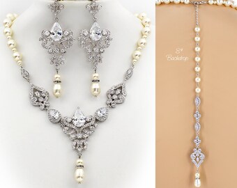 Wedding Necklace set Swarovski Pearl Zirconia Bridesmaid Gift Backdrop Necklace Wedding Jewelry set Bridal Jewelry Bridal Necklace set Zoe