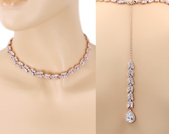 Wedding Choker Necklace Rose gold Zirconia Necklace Wedding Jewelry Bride necklace Bridal Backdrop Necklace Bridesmaid Necklace Gift Ava