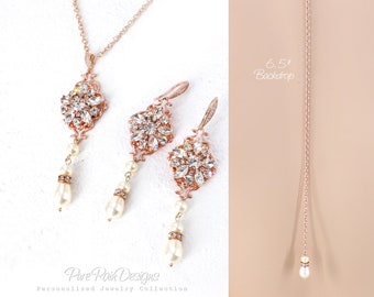 Hochzeit Kette Ohrhänger Set Swarovski Perle Strass Rose gold Braut Kette Ohrhänger Set Brautschmuck Brautjungfer Schmuck Daisy