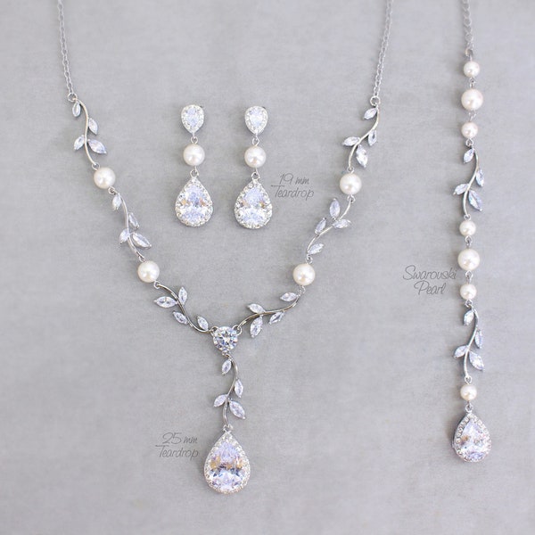 bridal jewelry set Bridal Necklace Swarovski pearl necklace Set backdrop Necklace pearl jewelry cubic zirconia set crystal necklace set Ava