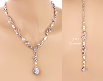 Wedding Necklace Bridal necklace Swarovski Pearl Zirconia Necklace Wedding Jewelry Statement Necklace Bridal Jewelry Backdrop necklace Ava