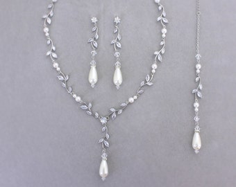 Parure de bijoux de mariée, collier de mariée, collier de perles Swarovski, toile de fond, collier bijoux en perles, oxydes de zirconium cubiques, parure de collier en cristal Ava