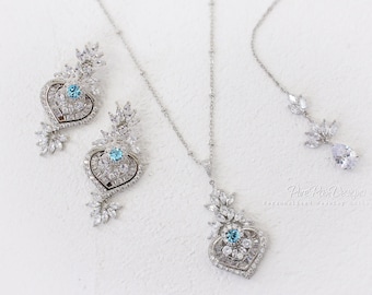Dainty Bridal necklace earrings Aquamarine Blue Wedding jewelry Rose gold leaf drop earrings Simple necklace and earrings Bride Bridal Jean
