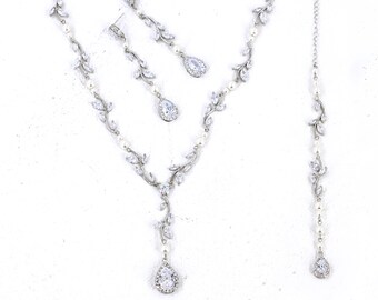 Wedding Necklace Earrings Swarovski Pearl Zirconia Necklace backdrop Zirconia Earrings Wedding Jewelry Bridal Jewelry Bridal Necklace Ava