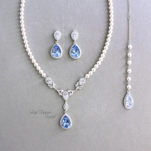 Wedding Necklace Earrings Swarovski Pearl light Turquoise Blue Necklace Earrings set Brides Zirconia Wedding Jewelry Bridal Necklace Perl