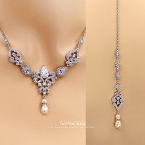 Wedding Necklace Swarovski Pearl Zirconia Backdrop Necklace Wedding Jewelry Bridal Jewelry Crystal Bridal Necklace Statement Necklace Zoe