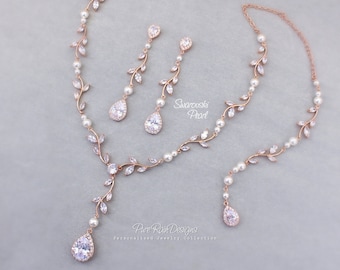 Wedding Necklace Bridal necklace Swarovski Pearl Zirconia Rose gold Necklace Wedding Jewelry Bridal Earrings Jewelry Backdrop necklace Ava