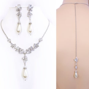Conjunto de collar de boda con circonitas blancas y perlas, conjunto de pendientes de novia, joyería de boda, conjunto de joyería de novia para dama de honor Sasa