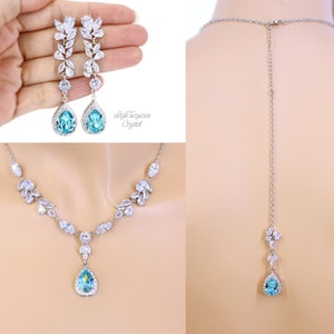 Sapphire blue Wedding Necklace set Zirconia light turquoise Bridal Necklace Wedding Jewelry set Bridesmaid Earrings Backdrop Necklace Sasa Ear+Neck w/Backdrop