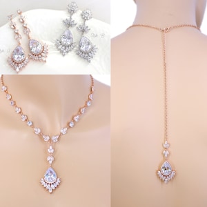 Rose gold Wedding Necklace Wedding Earrings set Zirconia Leaf Backdrop Necklace Bridal Earrings Bridal Bridesmaid necklace Jewelry Ekne