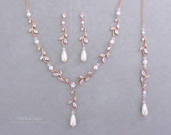 Swarovski Pearl Wedding Jewelry Zirconia Necklace Earrings Bracelet Backdrop Bridesmaid Gift Leaf Necklace Bridal Jewelry Ava