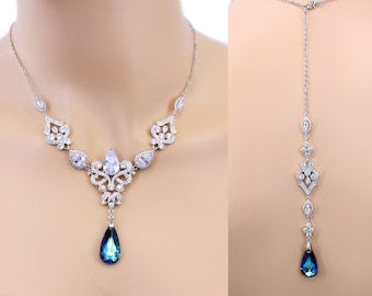 Wedding Necklace Swarovski Bermuda Blue Crystal Zirconia Backdrop Necklace Wedding Jewelry Bridal Jewelry Wedding Accessory Statement Zoe