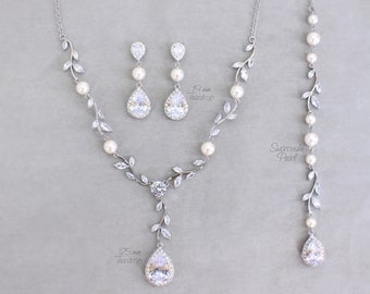 bridal jewelry set Bridal Necklace Swarovski pearl necklace Set backdrop Necklace pearl jewelry cubic zirconia set crystal necklace set Ava