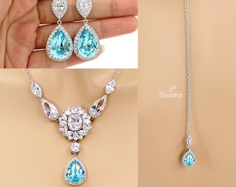 Sapphire blue Wedding Necklace Wedding Earrings Light Turquoise Crystal Zirconia Bridal Necklace Bridal Earrings Wedding Jewelry Bride Riz