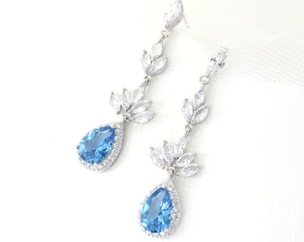 Boucles d'oreilles de mariage Boucles d'oreilles en forme de larme bleu saphir pendantes Boucles d'oreilles en zircone Bijoux de mariage Boucles d'oreilles de demoiselle d'honneur Boucles d'oreilles de mariée Accessoire de mariage Riz