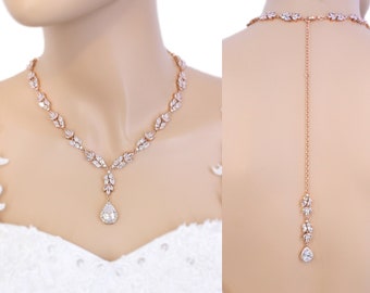 Leaf Wedding Backdrop Necklace Earrings, Zirconia Bridal Jewelry Cali