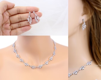 wedding Necklace earrings Jewelry SET Nickel free Earrings floral Necklace Crystal Jewelry leaf earrings