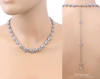 Wedding Necklace Earrings set Zirconia backdrop Necklace Wedding Jewelry Wedding Accessory Bridal Jewelry Bridal Necklace set Leaf Ava